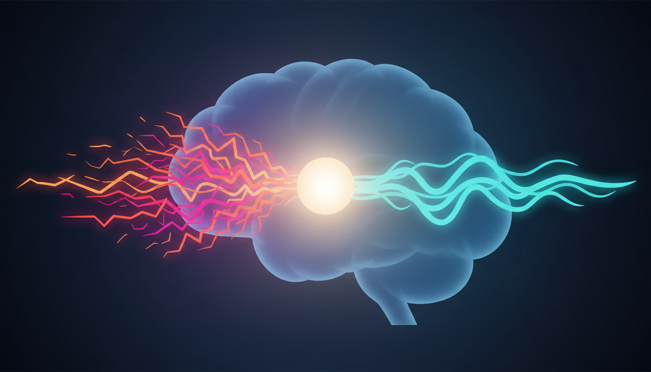 Abstrakte Darstellung von Gehirnaktivität, die sich von unruhigen Linien zu ruhigen Wellen wandelt, mit einem sanften, pulsierenden Licht im Zentrum.