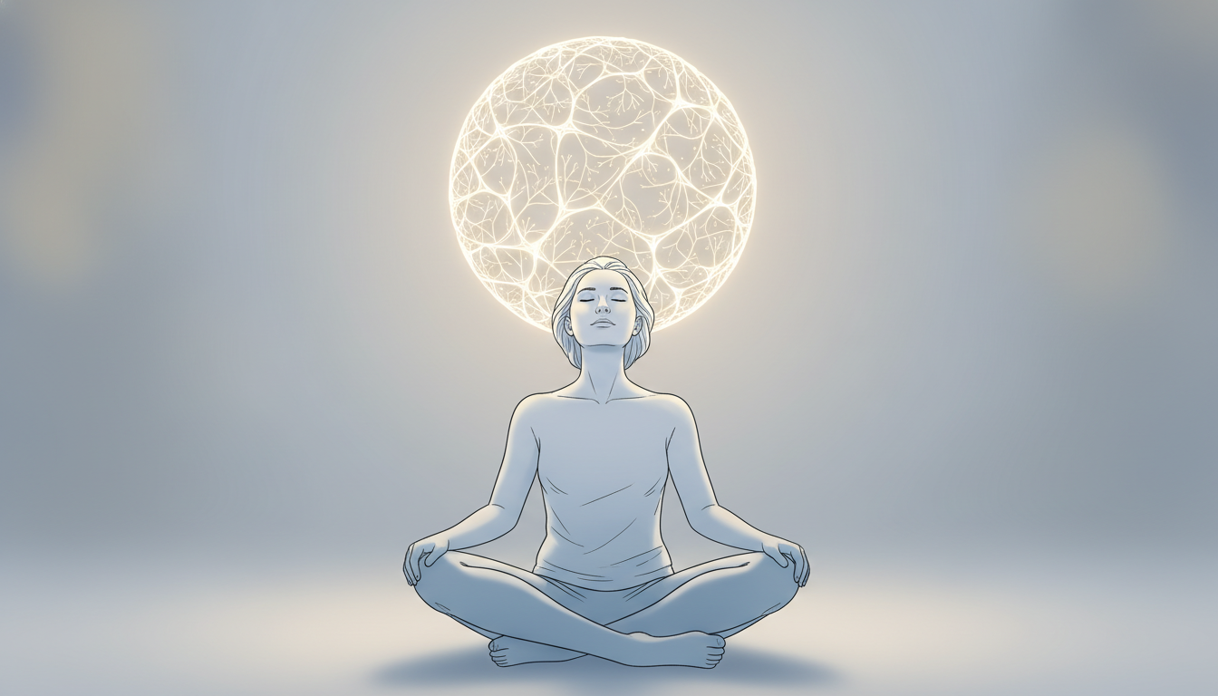 Person in kontemplativer Pose mit einer leuchtenden Kugel über dem Kopf, die Klarheit und Einsicht durch Selbstreflexion symbolisiert.