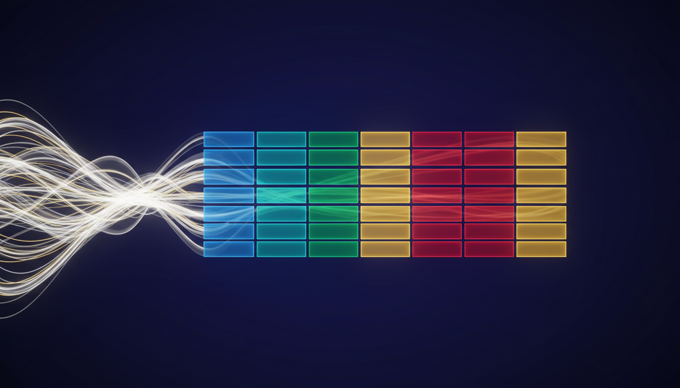 Abstrakte, leuchtende Lichtformen ordnen sich in farbigen geometrischen Abschnitten an und symbolisieren die Kategorisierung von Persönlichkeitstypen.