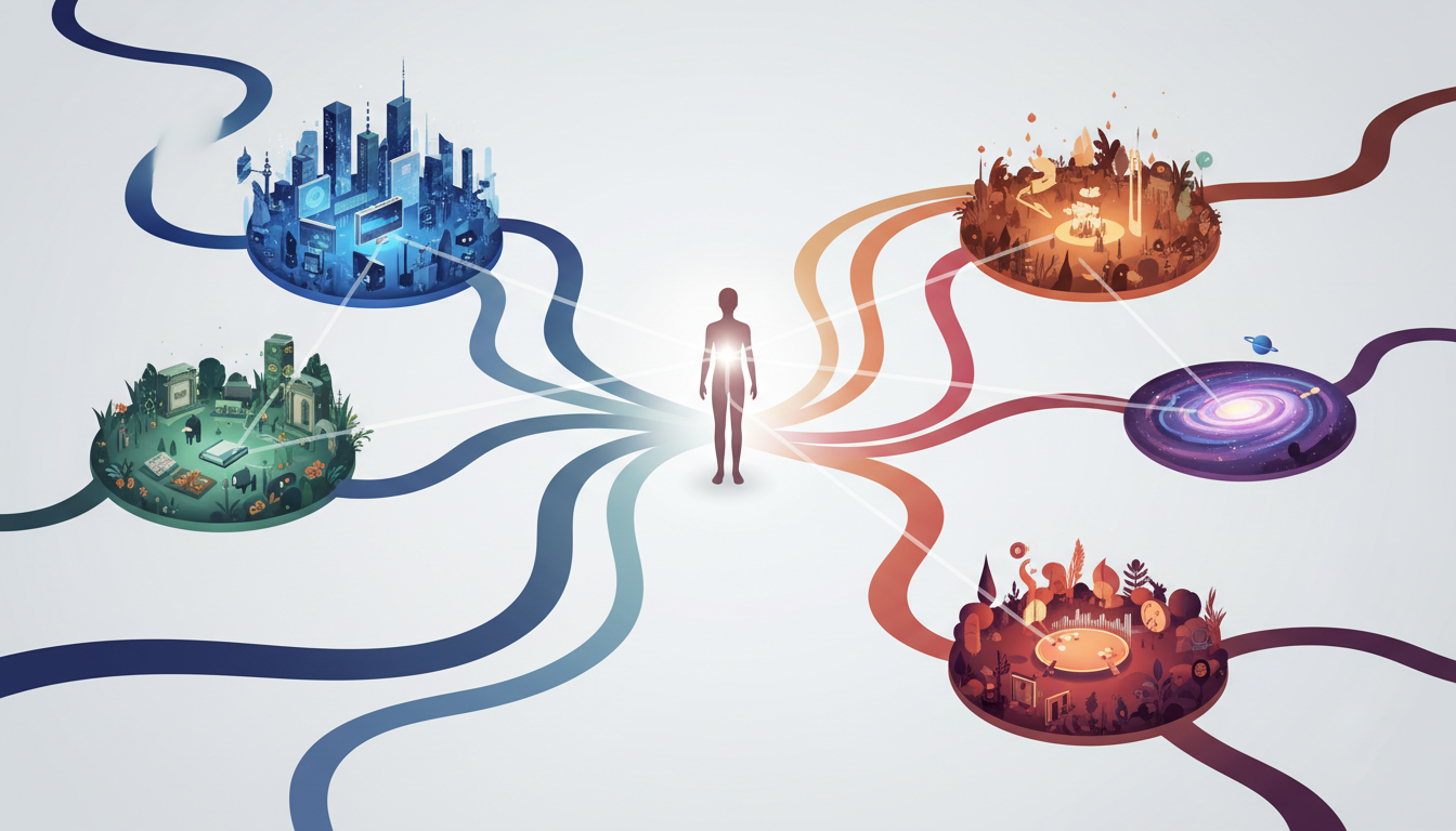 Person an einem Scheideweg mit vielen Pfaden zu verschiedenen Interessengebieten.