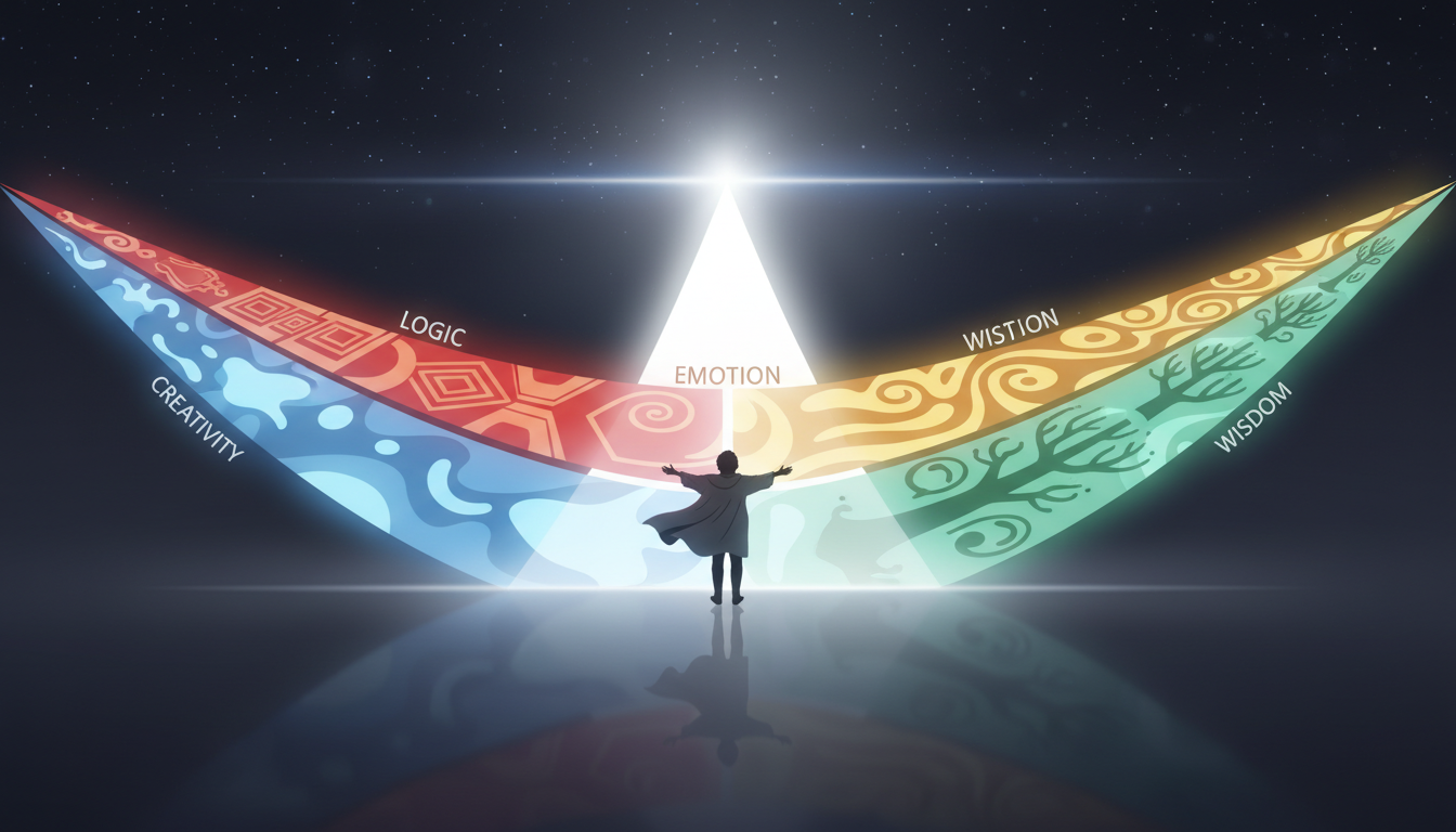 Eine Person steht an einem Scheideweg von vier beleuchteten Pfaden, die jeweils einen Aspekt der Selbstfindung darstellen und sich zu einem einzigen, hellen Weg vereinen, der die Berufungsfindung symbolisiert.