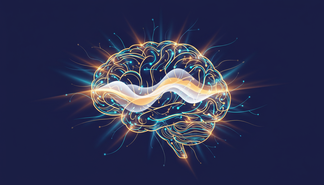 Ein Gehirn mit leuchtenden, vernetzten Lichtbahnen, die sich ausdehnen und auf sanfte, fließende Bewegung oder Lichtimpulse reagieren, um die positive Wirkung von Bewegung auf die mentale Klarheit zu zeigen.
