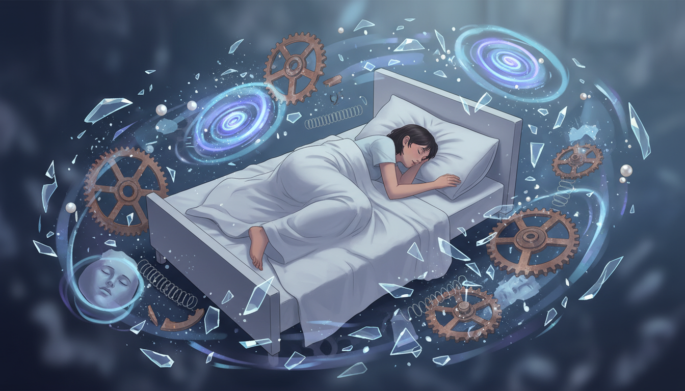 Schlafende Figur umgeben von zerbrochenen Uhren und Traumfragmenten, die gestörten, nicht erholsamen Schlaf symbolisieren.