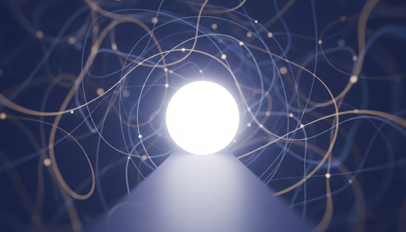 Eine leuchtende Kugel erhellt einen komplexen Pfad, metaphorisch für verbesserte Konzentration und mentale Klarheit durch Neowake.