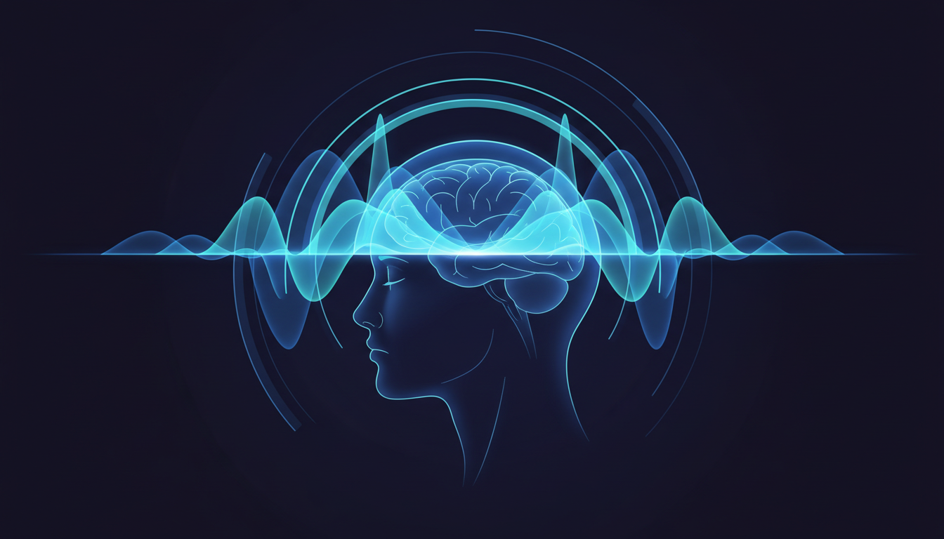 Lebhafte, scharfe, energiegeladene blaue Lichtpulse, die aus einem Kopf strahlen und intensive Konzentration und Problemlösung beleuchten, passend zu Beta-Wellen und Neowake.