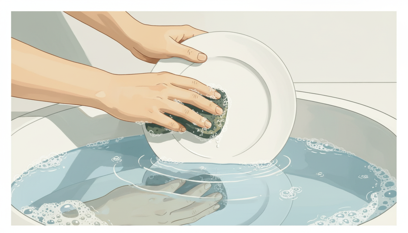 Hände waschen achtsam Keramikteller in warmem Seifenwasser, sanftes Licht