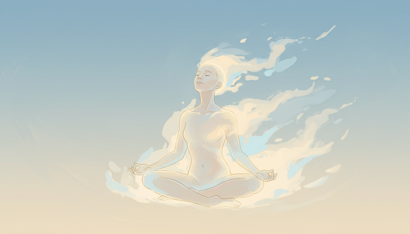 Figur sitzt mühelos, umhüllt von sanftem, fließendem Licht, suggeriert natürliche, nicht-konzentrative Meditation und Stressabbau.