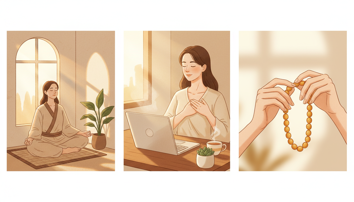 Vielfältige Collage friedlicher Momente: Meditierende Person, achtsames Atmen vor einem Laptop und Hände, die eine Gebetskette halten, alles in weichem, warmem Licht.
