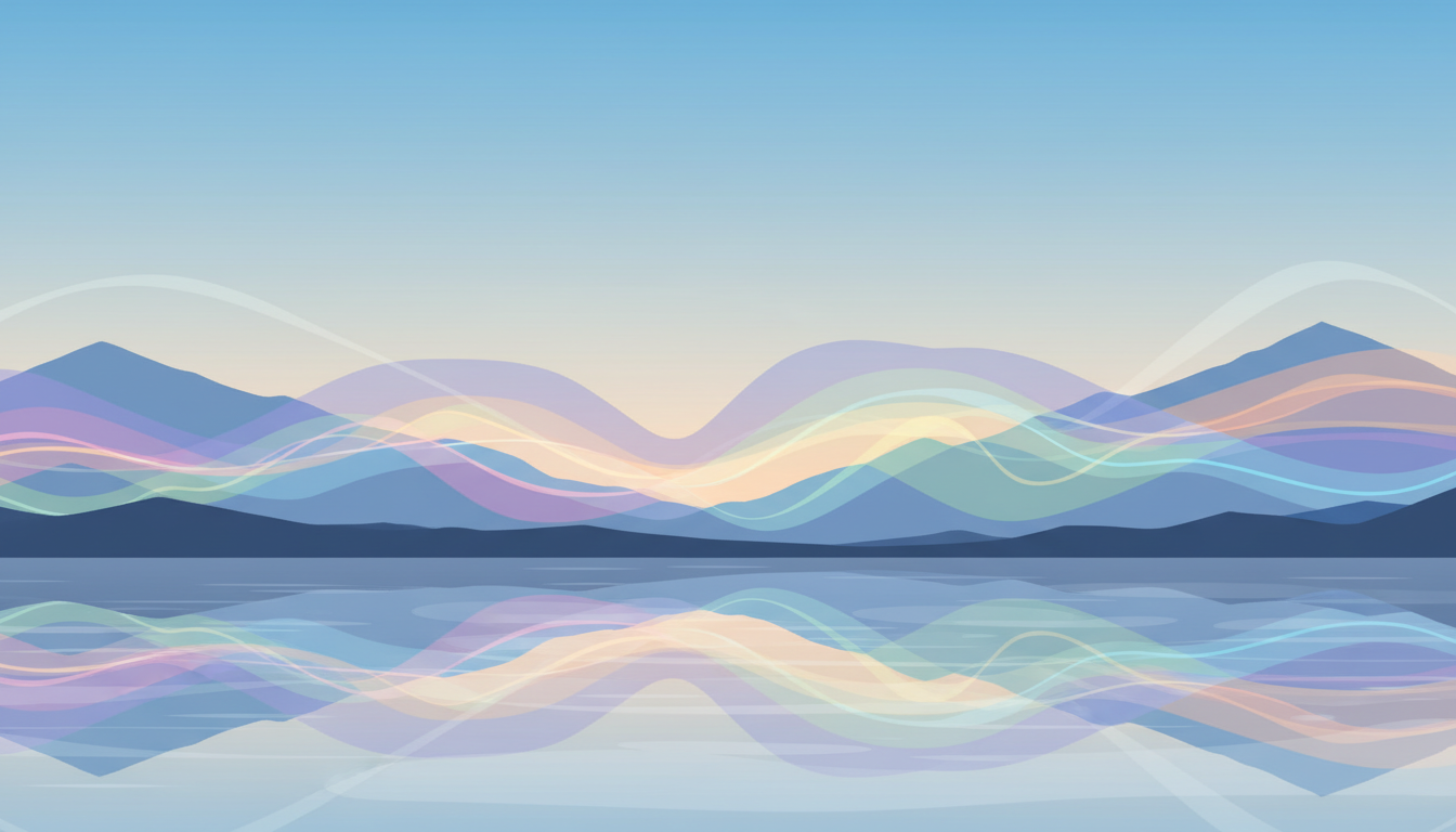Sanfte, farbige Schallwellen fließen durch eine ruhige Landschaft, harmonisieren See, Berge und Himmel und stehen für innere Balance.