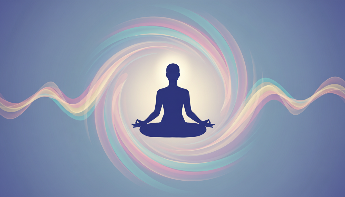 Sanfte, wogende Schallwellen in lebhaften Farben umhüllen eine ruhige, meditierende Silhouette, symbolisierend innere Ruhe und Fokus, die durch Selbstkenntnis erreicht werden.