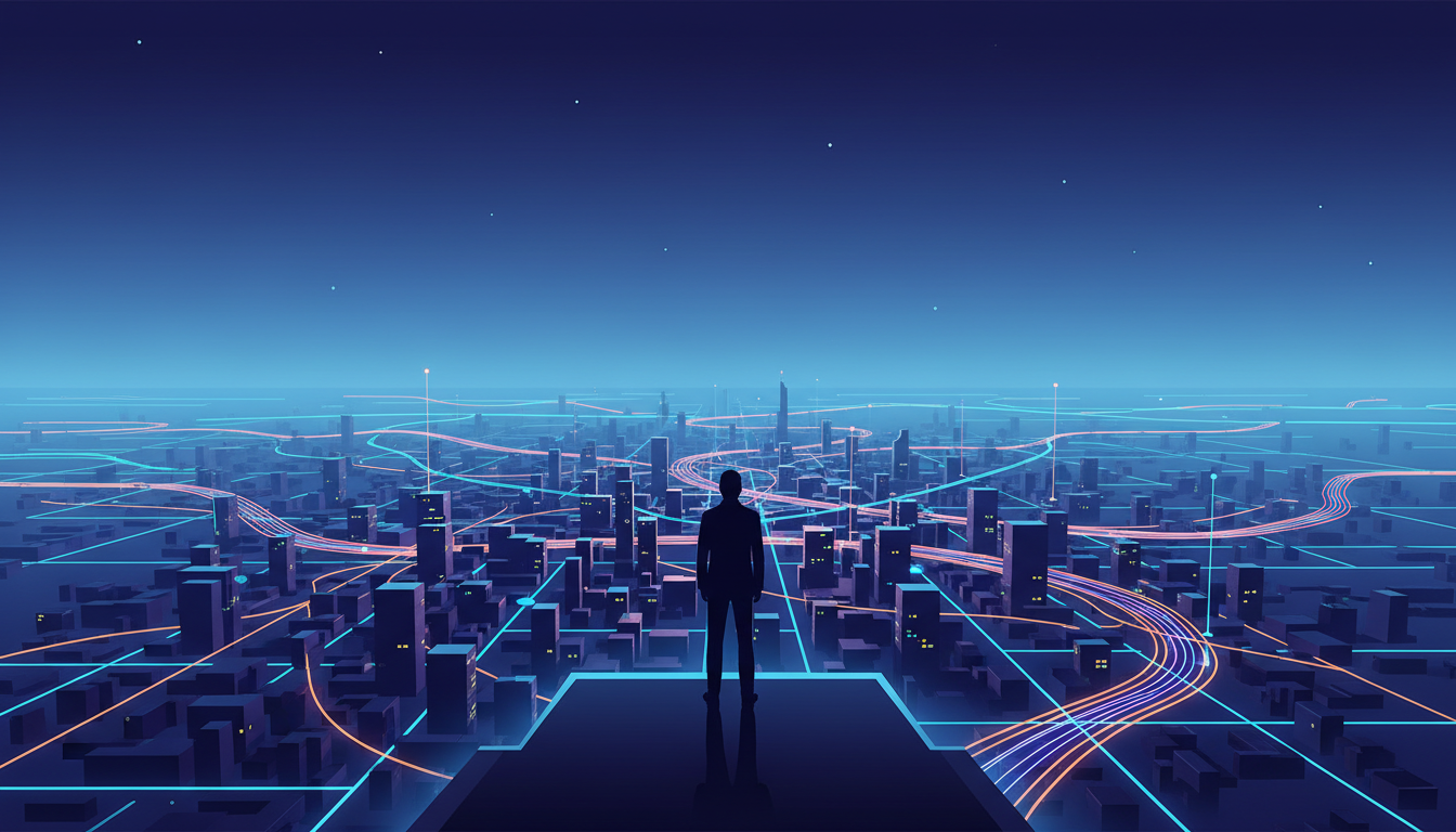 Generalist überblickt eine vernetzte Stadtlandschaft mit leuchtenden Verbindungen.