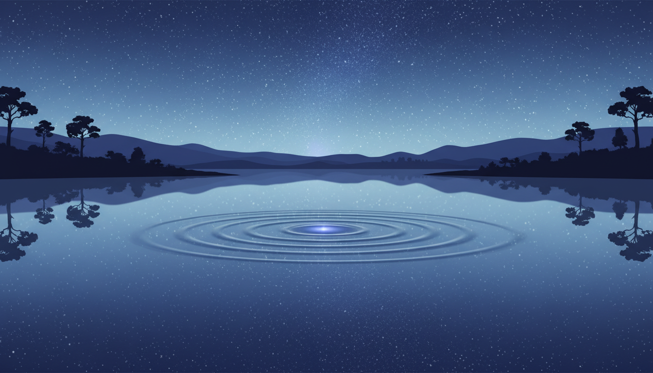 Ein ruhiger, reflektierender Geist, dargestellt durch einen klaren, stillen See, der einen Sternenhimmel widerspiegelt, mit subtilen, langsamen Wellen, die von einem zentralen Punkt tiefen Verständnisses ausgehen.