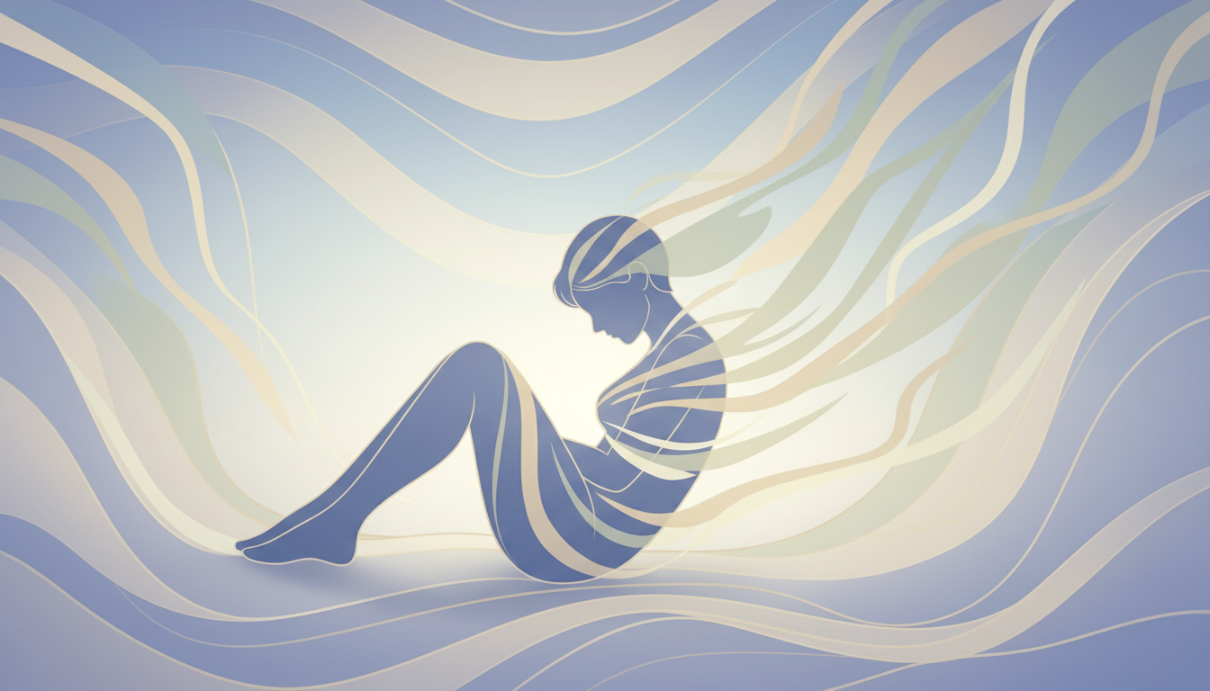 Eine entspannte Figur in einer ruhigen Umgebung, umgeben von harmonischen Lichtwellen und sanfter, ausgedehnter Energie, die tiefe Erholung und geistiges Gleichgewicht symbolisiert.