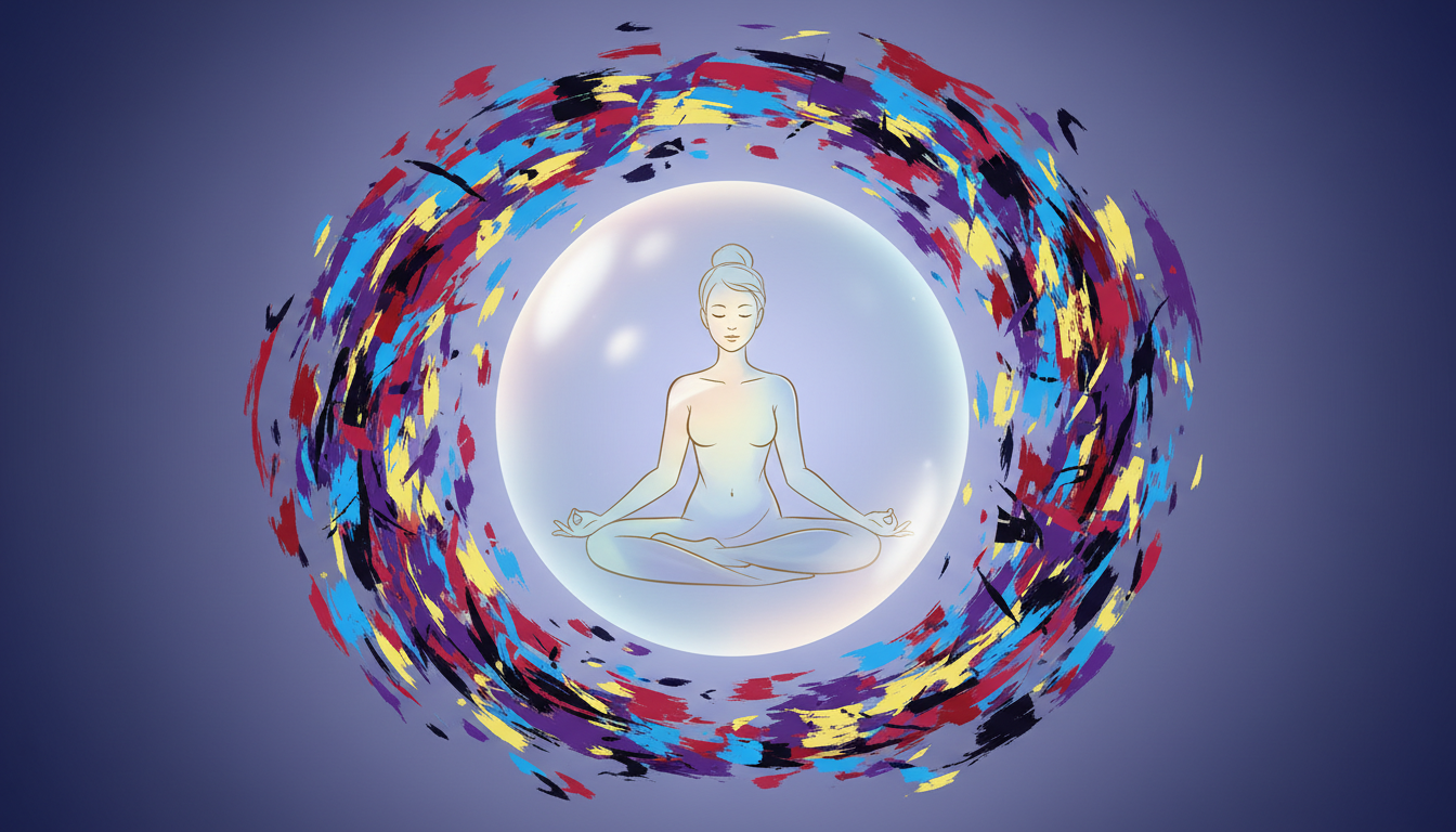 Eine meditierende Person in einer Schutzblase, die innere Ruhe inmitten äußerer Herausforderungen durch Neowake symbolisiert.