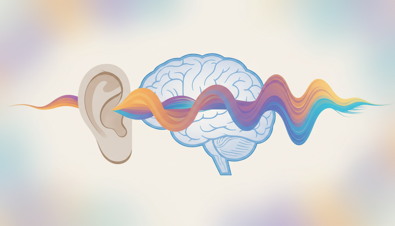 Zwei unterschiedliche farbige Schallwellen, die in ein stilisiertes Ohr eindringen und sich im Gehirn zu einer synchronisierten, harmonischen dritten Welle verschmelzen – das Prinzip von Neowake.