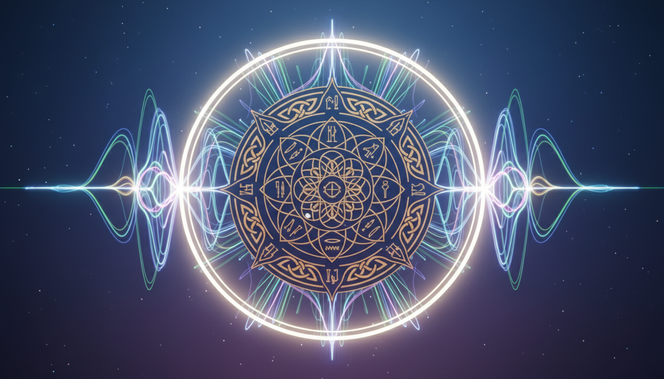 Verwobene Muster alter Symbole und moderner, leuchtender Schallwellen-Designs, die ein harmonisches, strahlendes Ganzes bilden und verbesserte Entspannung und Transformation symbolisieren.