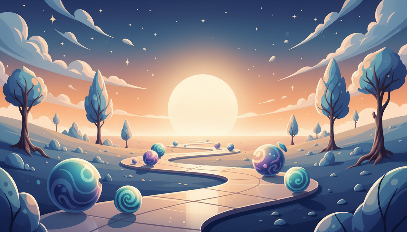 Gewundener Weg führt zu einer perfekt ausgewogenen, leuchtenden Kugel, umgeben von kleineren, ungleichmäßigen Sphären, symbolisch für persönliches Wachstum.