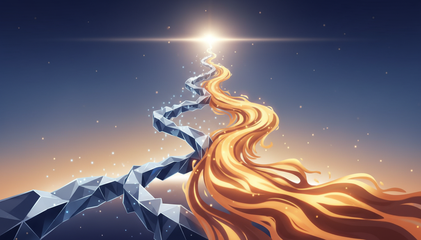 Zwei unterschiedliche Lichtströme, einer strukturiert, einer fließend, verflechten sich und steigen gemeinsam einem hellen Horizont entgegen, symbolisierend Synergie und persönliches Wachstum.