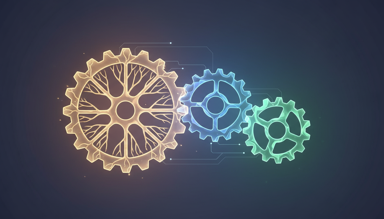 Drei ineinandergreifende Zahnräder symbolisieren die Kombination vielfältiger Stärken.