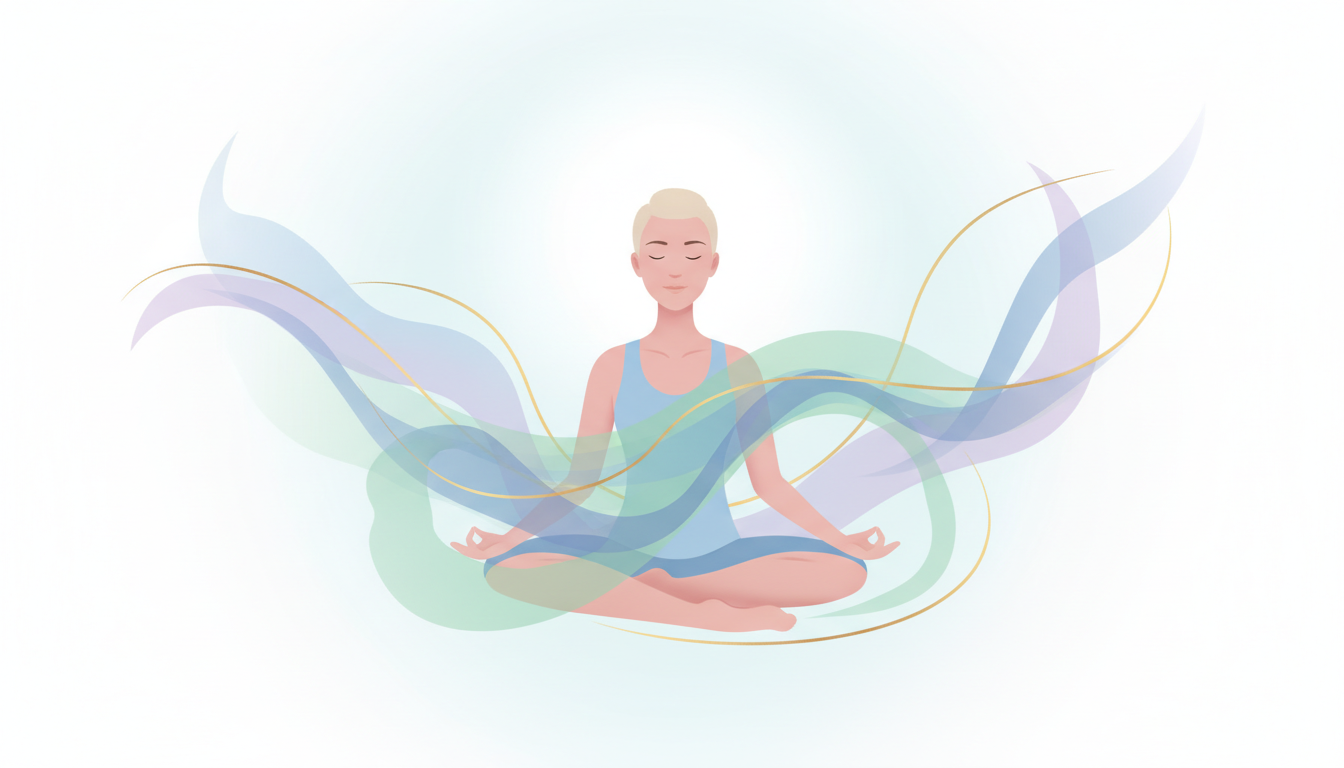 Sanfte, wellenförmige Klangwellen in beruhigenden Farben fließen um eine gelassene, meditierende Figur, die mentale Klarheit und Entspannung symbolisiert.