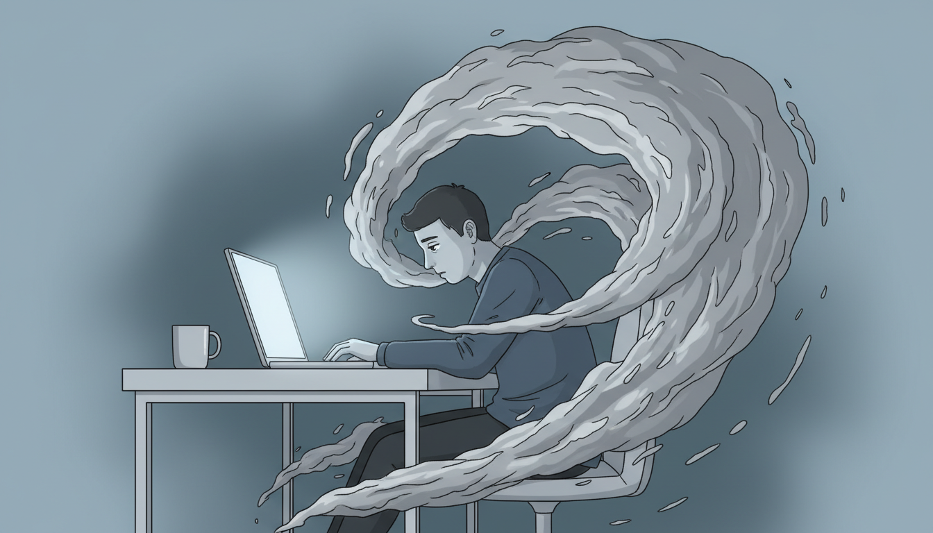 Eine erschöpfte Person sitzt im Home-Office am Schreibtisch, umgeben von einem grauen Nebel, der niedrige Energie und Bewegungsmangel symbolisiert.