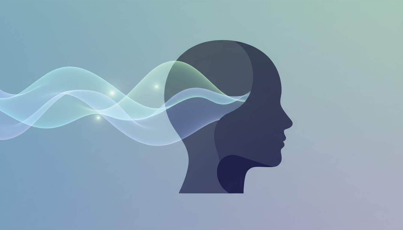 Abstrakte Energiewellen fließen in einen menschlichen Kopf, symbolisierend einen harmonisierten Geisteszustand und seelische Ruhe durch Neowake.