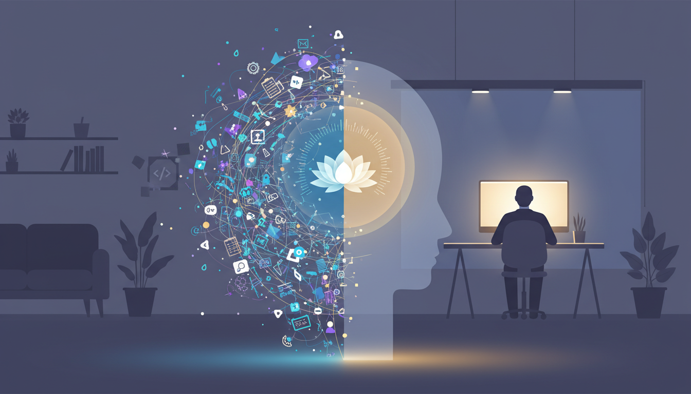 Ein chaotischer Geist im Home-Office, symbolisiert durch digitale Icons und fragmentierte Gedanken, kontrastiert mit einem ruhigen, fokussierten inneren Raum durch Neowake.