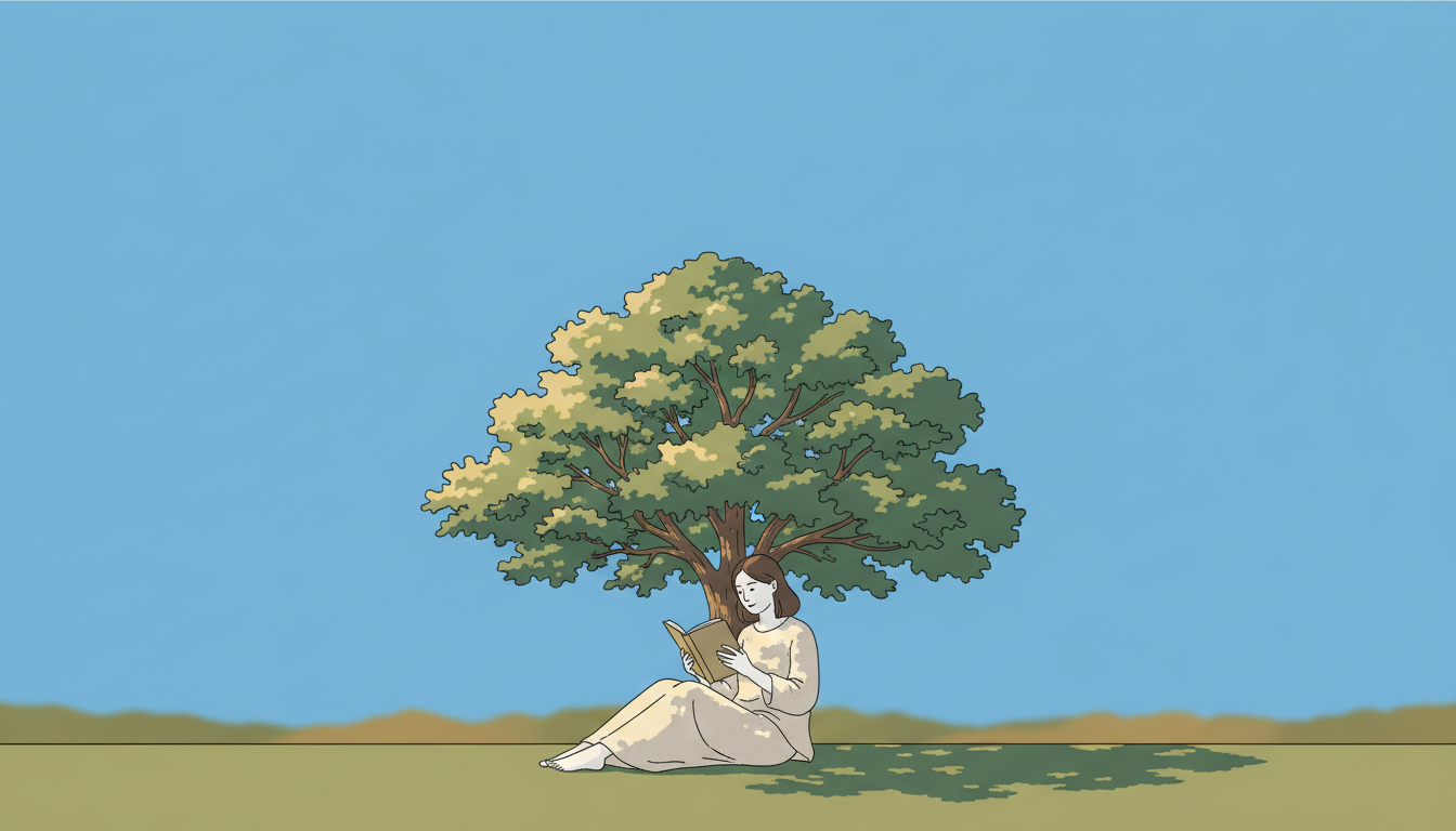 Ruhige Person liest ein physisches Buch unter weitem Himmel, symbolisiert Konzentration und analoge Ruhe.