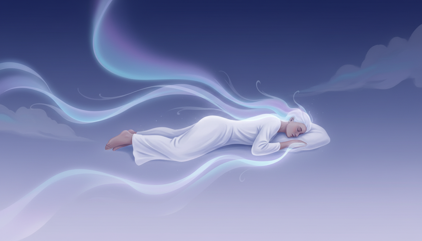 Ätherische blaue und violette Energiewellen umhüllen eine schlafende Figur, symbolisch für die beruhigende Wirkung der Aromatherapie auf Schlaf und Entspannung.