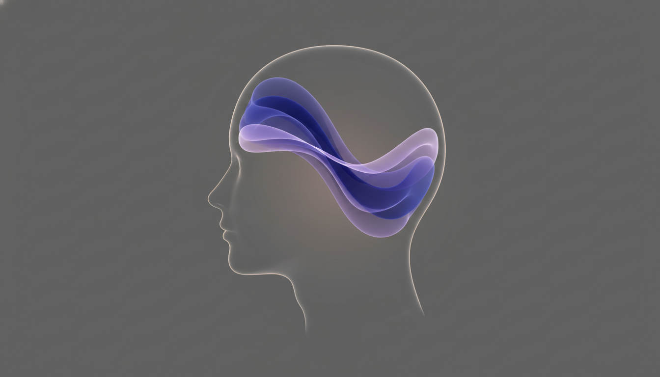 Sanfte blaue und violette Energiewellen fließen durch die Silhouette eines menschlichen Kopfes und symbolisieren beruhigende Gehirnaktivität und inneren Frieden.