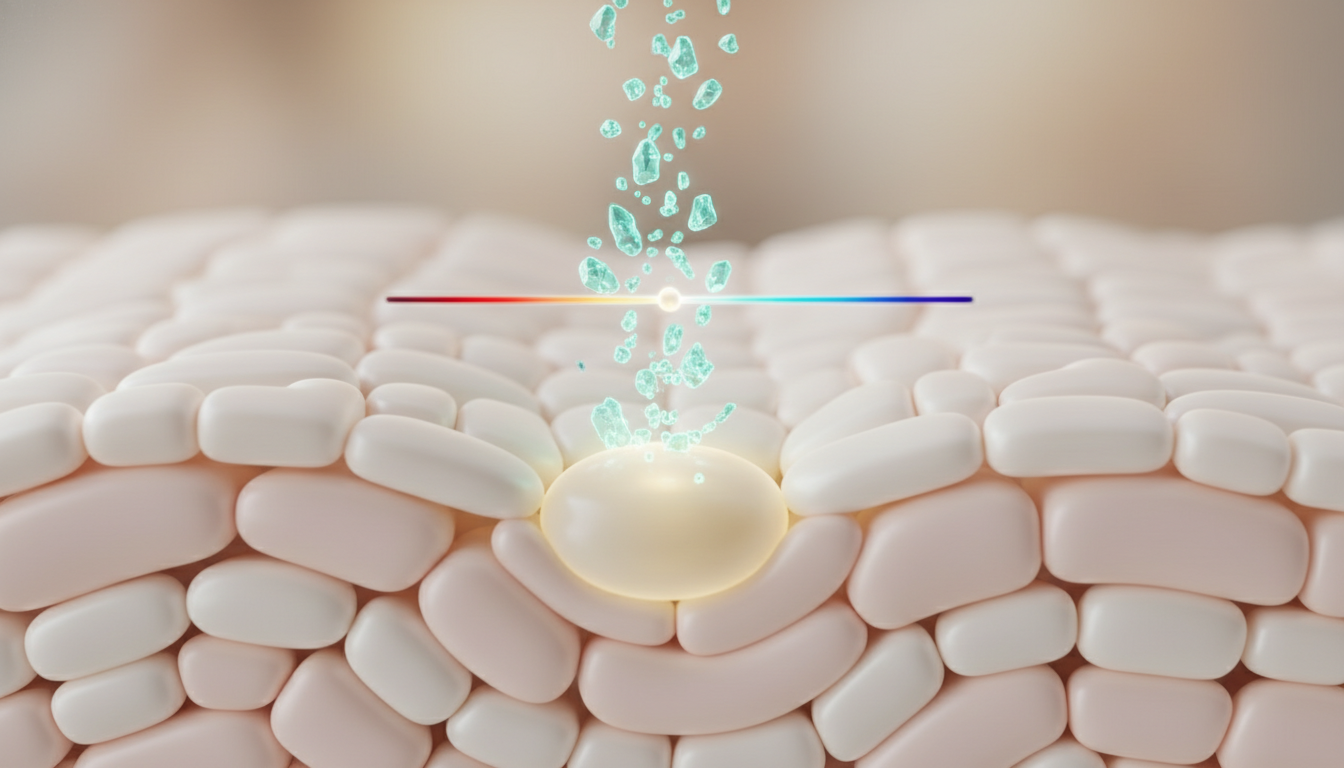 Mikroskopische Magnesiumionen dringen in die Haut ein, pH-Skala balanciert auf Hautzelle, Nährstoffaufnahme und Gleichgewicht.