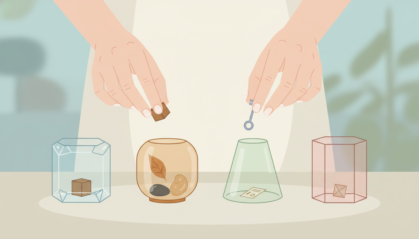 Hände sortieren sorgfältig verschiedene Gegenstände in vier transparente Behälter, was den organisierten Prozess des Ausmistens und bewusster Entscheidungen darstellt.