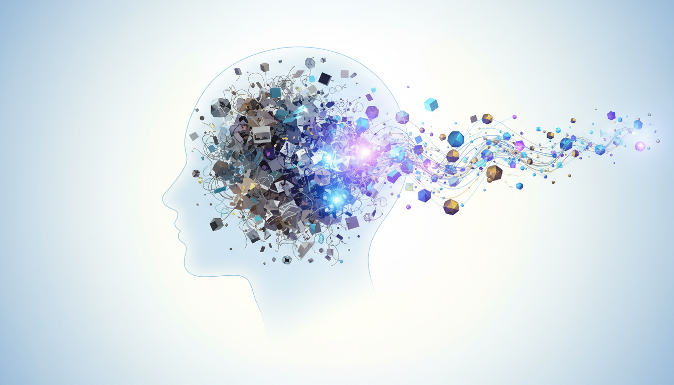 Eine visuelle Metapher, die zeigt, wie mentales Durcheinander in klare, organisierte Gedankenwege innerhalb eines hellen, weiten Geistes übergeht.