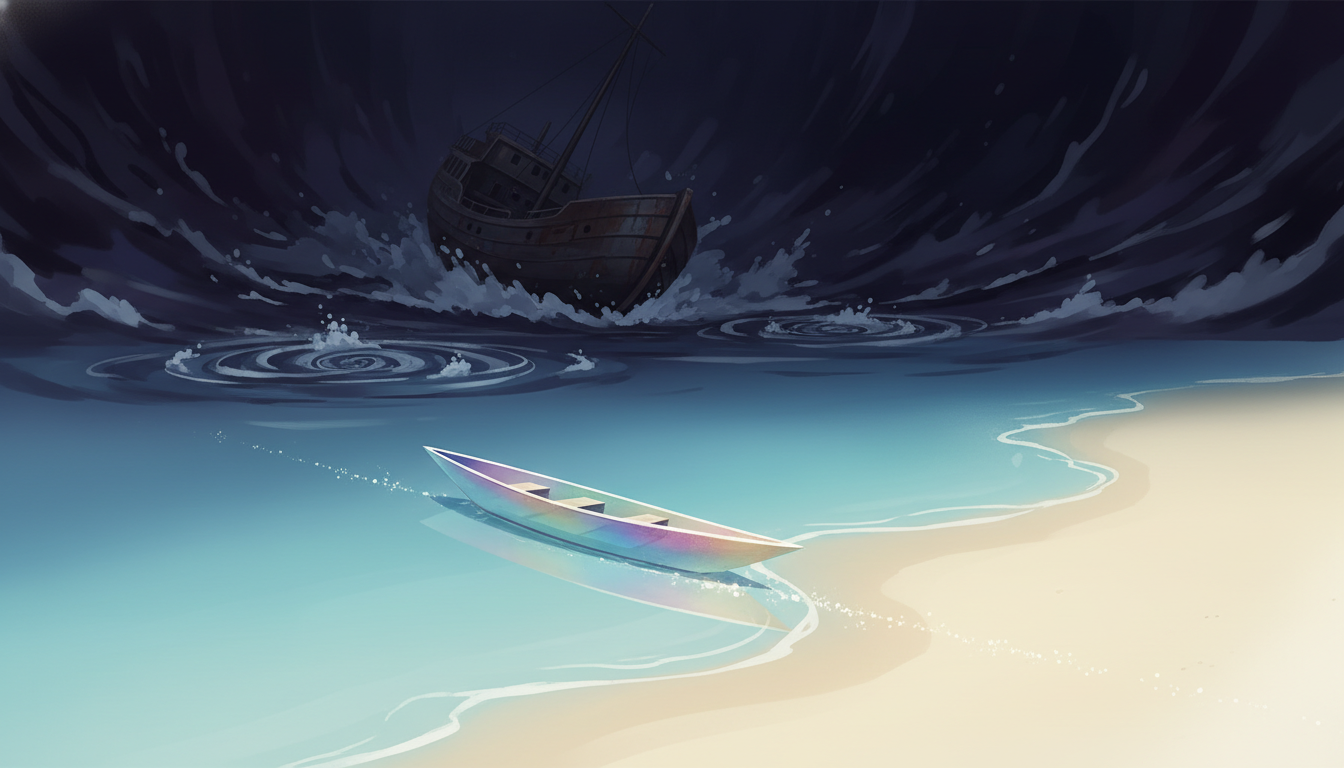 Ein leichtes, irisierendes Boot gleitet zum hellen Ufer, während ein schwereres Boot in einem dunklen Abgrund versinkt, als Metapher für die Effektivität kurzer Schlafphasen.