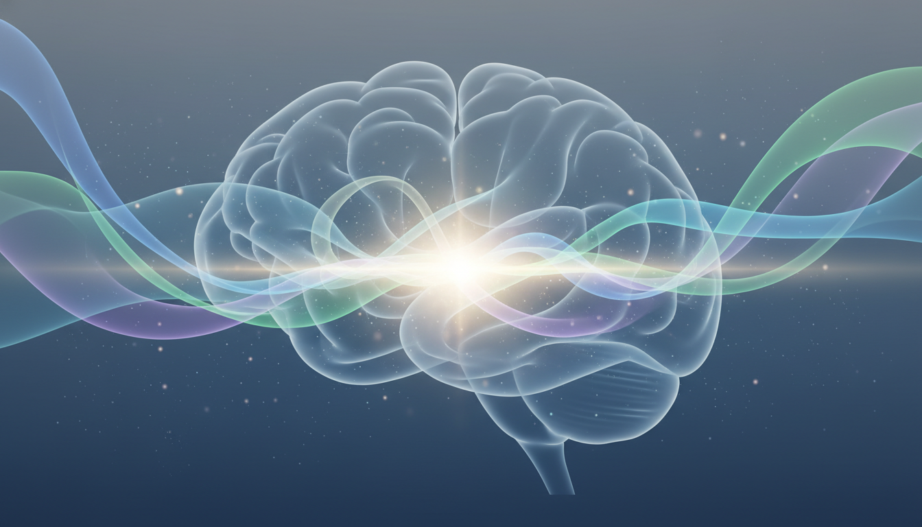 Abstrakte leuchtende Energieströme in einer ruhigen Gedankenlandschaft, die geistige Klarheit und ausgeglichene Gehirnaktivität darstellen.