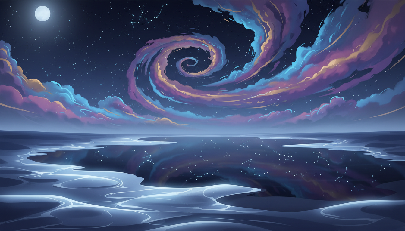 Eine nächtliche Landschaft mit ätherischen Zonen, die Leichtschlaf, Tiefschlaf und REM-Schlaf durch unterschiedliche Lichteffekte visualisieren.