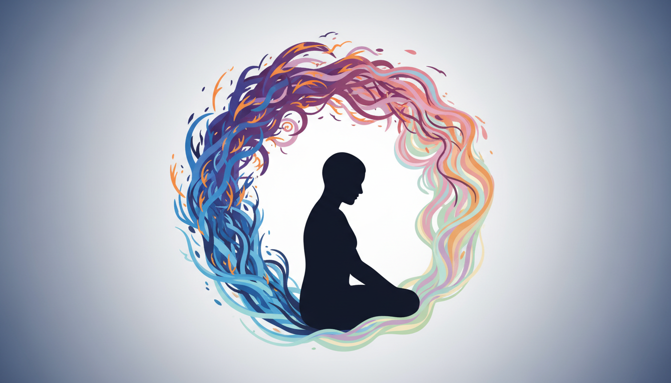 Person in Meditation umgeben von sich beruhigenden Energien