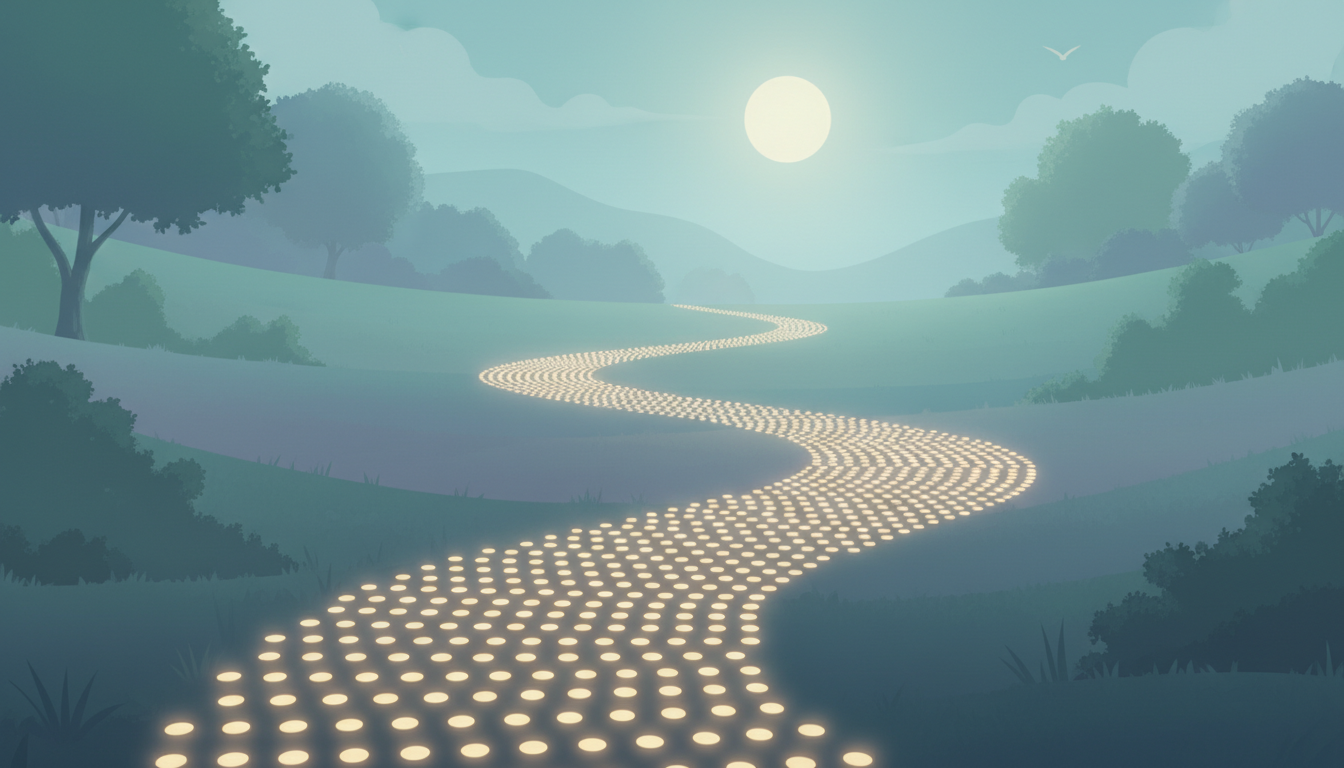 Ein gewundener, beleuchteter Pfad aus kleinen, gleichmäßigen Steinen, der sich in eine sanft beleuchtete, heitere Landschaft erstreckt und stetigen Fortschritt und Hingabe darstellt.