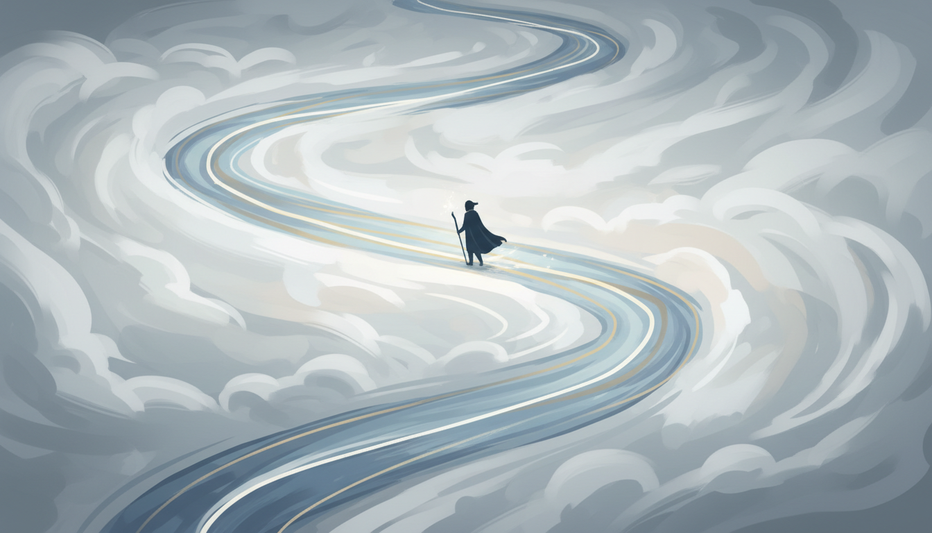 Einzelne Figur geht durch wirbelnden Nebel, geführt von ätherischen Lichtpfaden, als Metapher für das Überwinden äußerer Zwänge.