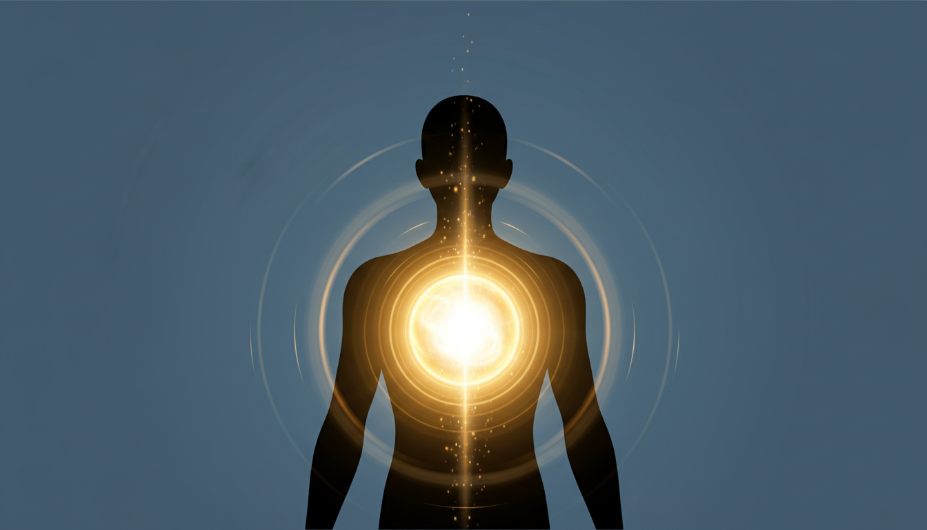 Eine menschliche Silhouette, die einen kräftigen, tiefen Atemzug als leuchtendes, sich ausdehnendes Licht visualisiert, das Vitalität und innere Stärke ausstrahlt, im Kontext der Wim-Hof-Atemtechnik.