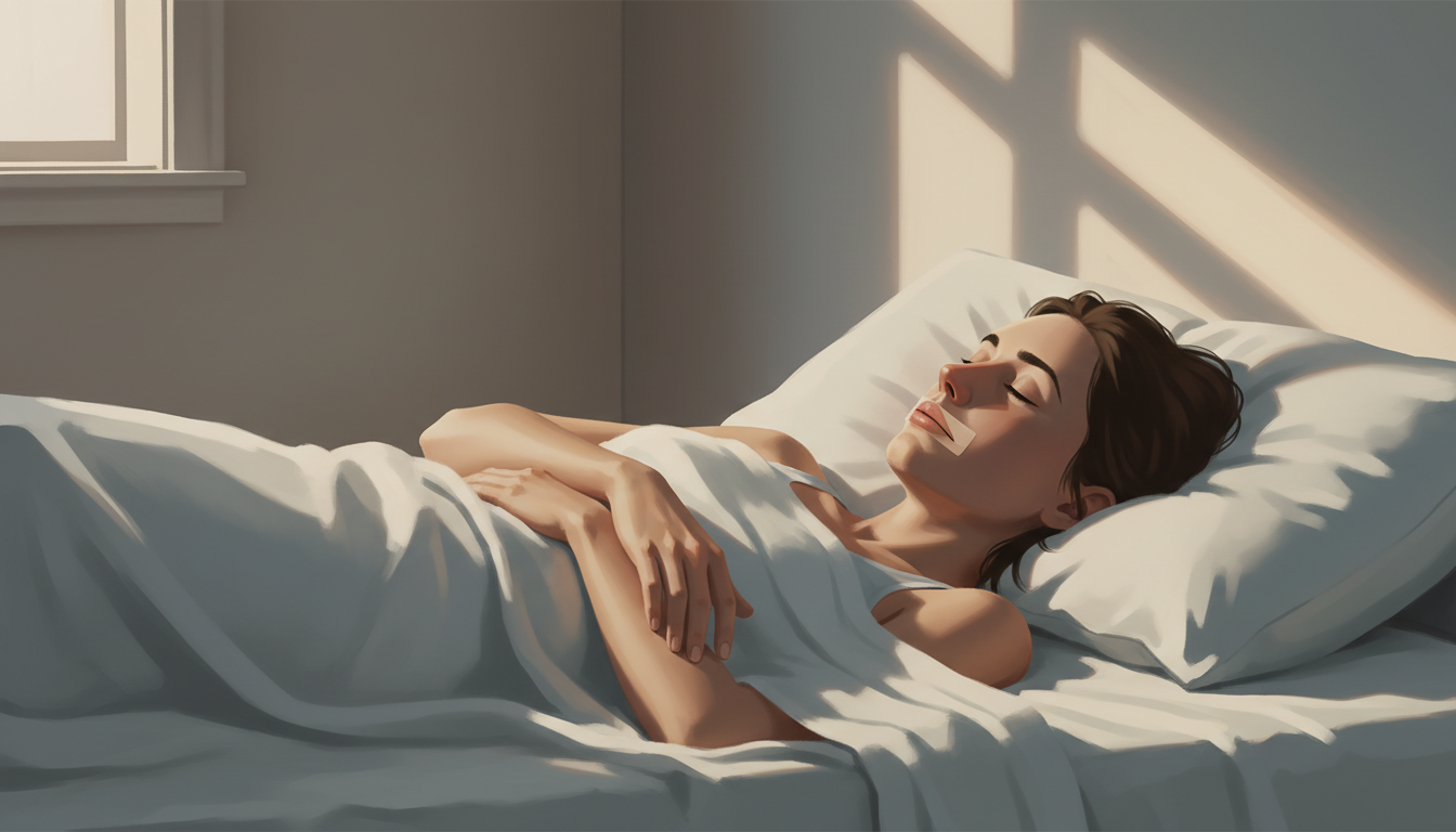 Eine friedlich schlafende Person in einem schwach beleuchteten Raum, deren Lippen sanft mit einem dünnen Streifen verschlossen sind, was das Engagement für eine bessere Nasenatmung während des Schlafs unterstreicht.