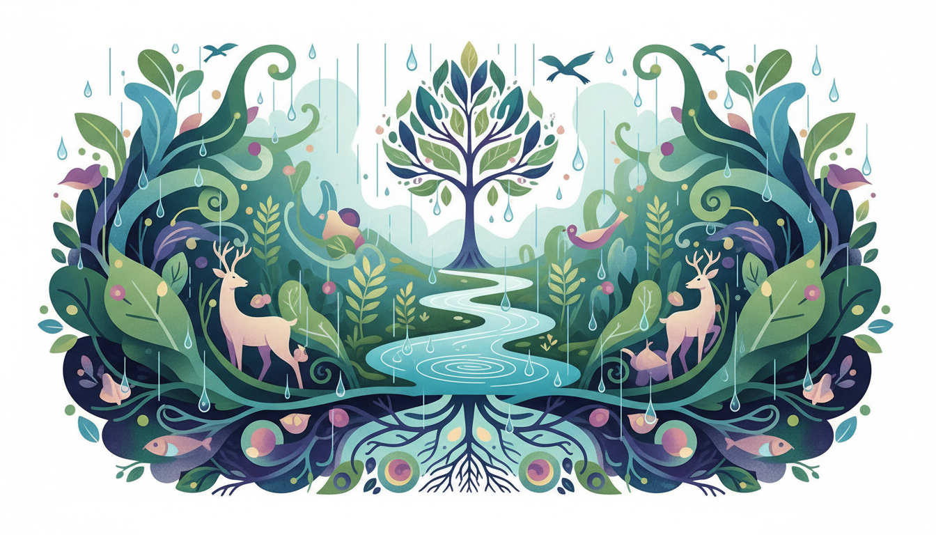 Eine lebendige, üppige Landschaft unter sanftem Regen, die optimale körperliche Funktionen und Gesundheit symbolisiert.