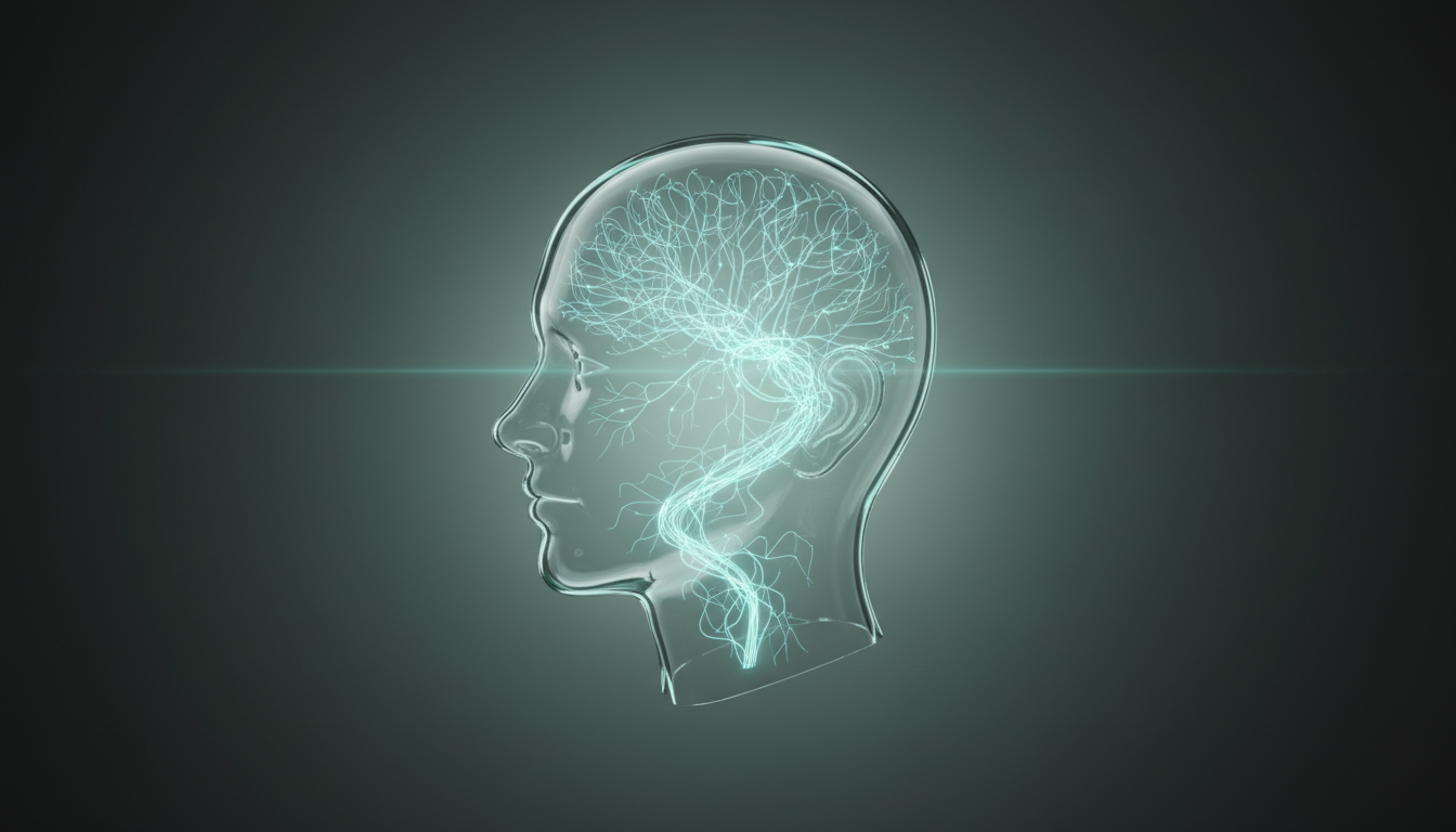 Leuchtende neuronale Pfade in einem transparenten menschlichen Kopf zeigen harmonische Gamma-Wellen-Aktivität.