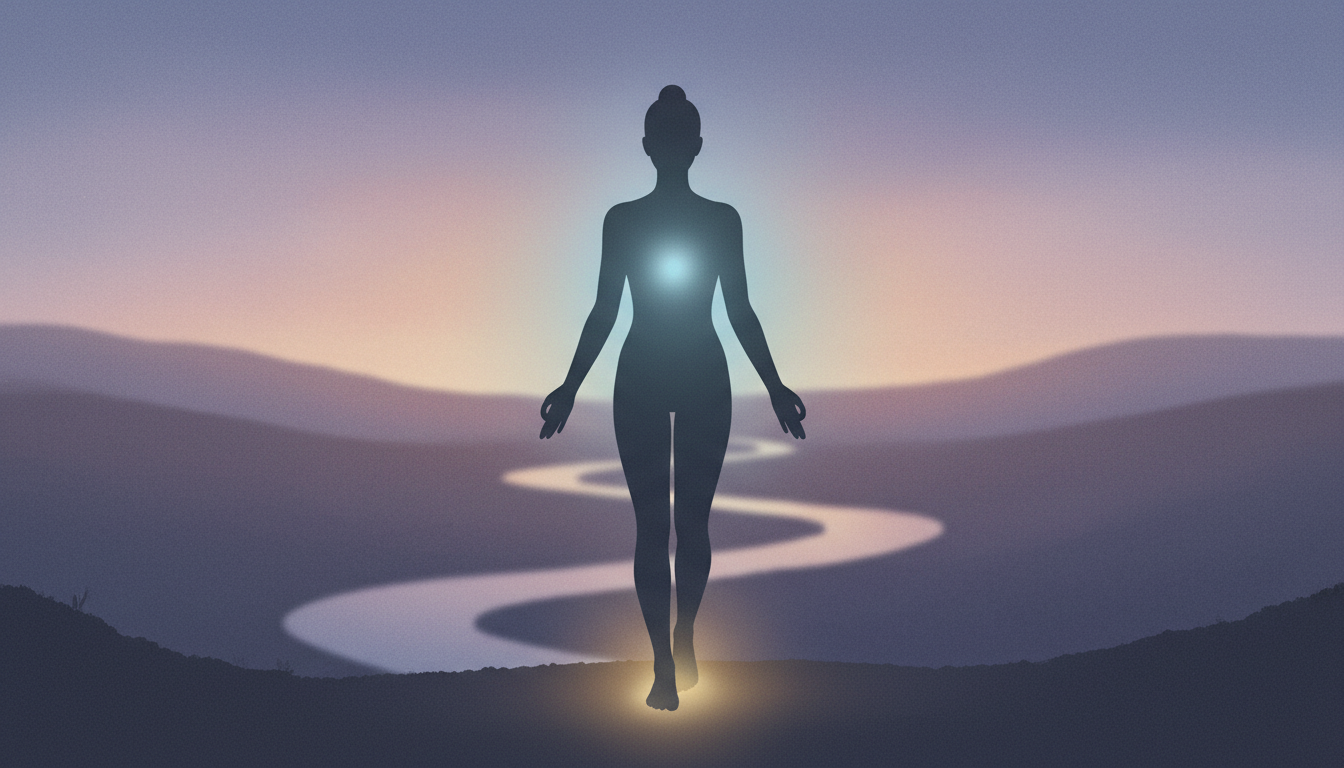Silhouette einer Person in meditativer Gehpose, mit subtilem, ätherischem Licht aus Brust und Füßen, das innere Ruhe und fokussierte Energie symbolisiert.