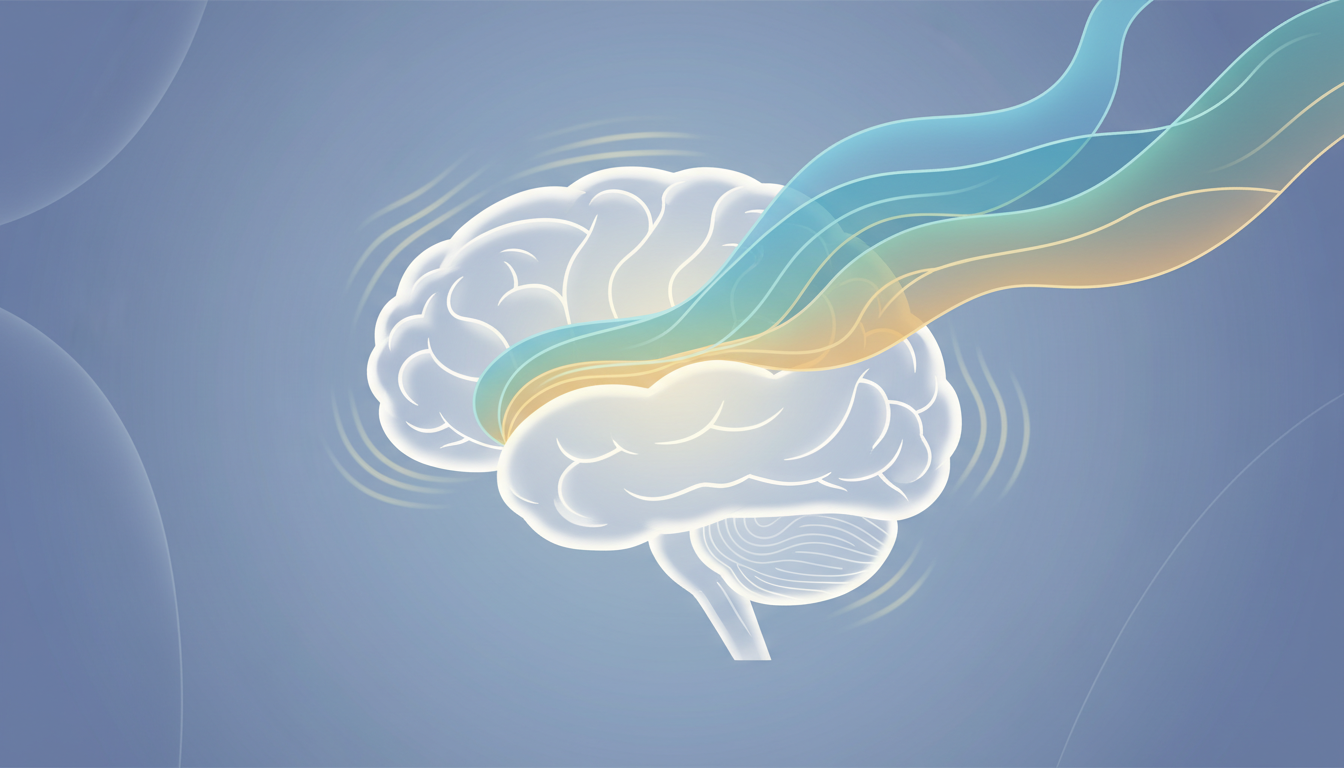 Abstrakte Schallwellen als beruhigende Energie treten in ein stilisiertes Gehirn ein, fördern Frieden und Konzentration.