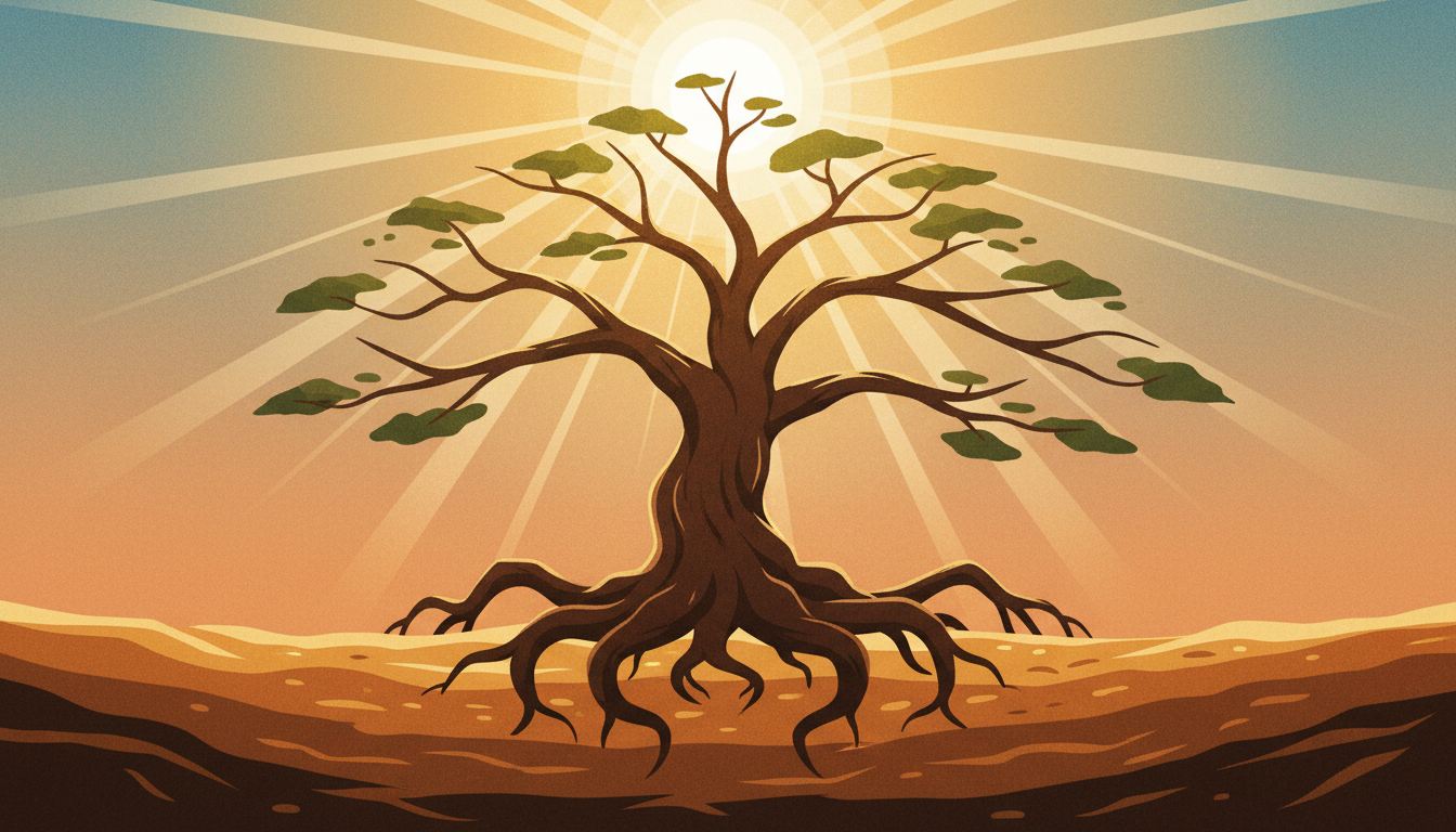 Starker, lebendiger Baum mit tiefen Wurzeln und Ästen, die sich klar auf eine helle, fokussierte Sonne ausrichten, illustrierend Widerstandsfähigkeit und gerichtete Energie.