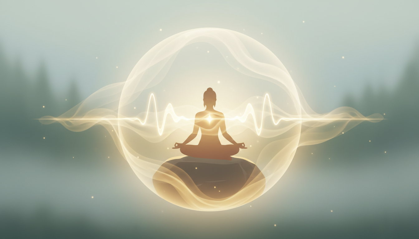 Harmonische goldene Schallwellen verschmelzen mit duftendem Nebel und bilden eine beruhigende Sphäre um eine meditierende Person, was die ganzheitliche Wirkung der Aromatherapie darstellt.