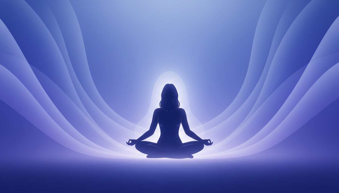 Abstrakte Lichtfrequenzen in Blau- und Violetttönen umhüllen eine entspannte, silhouettierte Figur und symbolisieren tiefe Gelassenheit und Erholung.