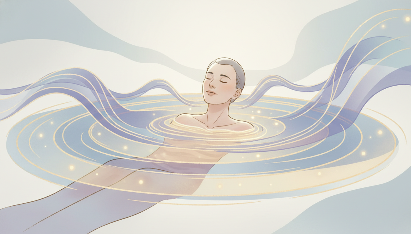 Harmonische Schallwellen umgeben entspannte Person im Bad, verwandeln sich in ruhige Energiwellen, mentale Ruhe.