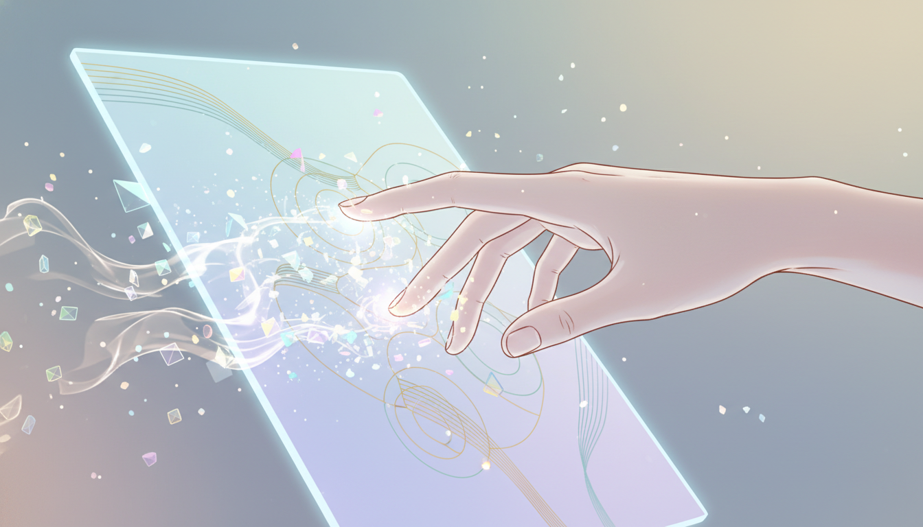 Eine Hand wischt sanft über einen leuchtenden digitalen Bildschirm, wobei digitale Elemente verschwinden und einen sauberen, harmonischen und organisierten digitalen Raum hinterlassen.